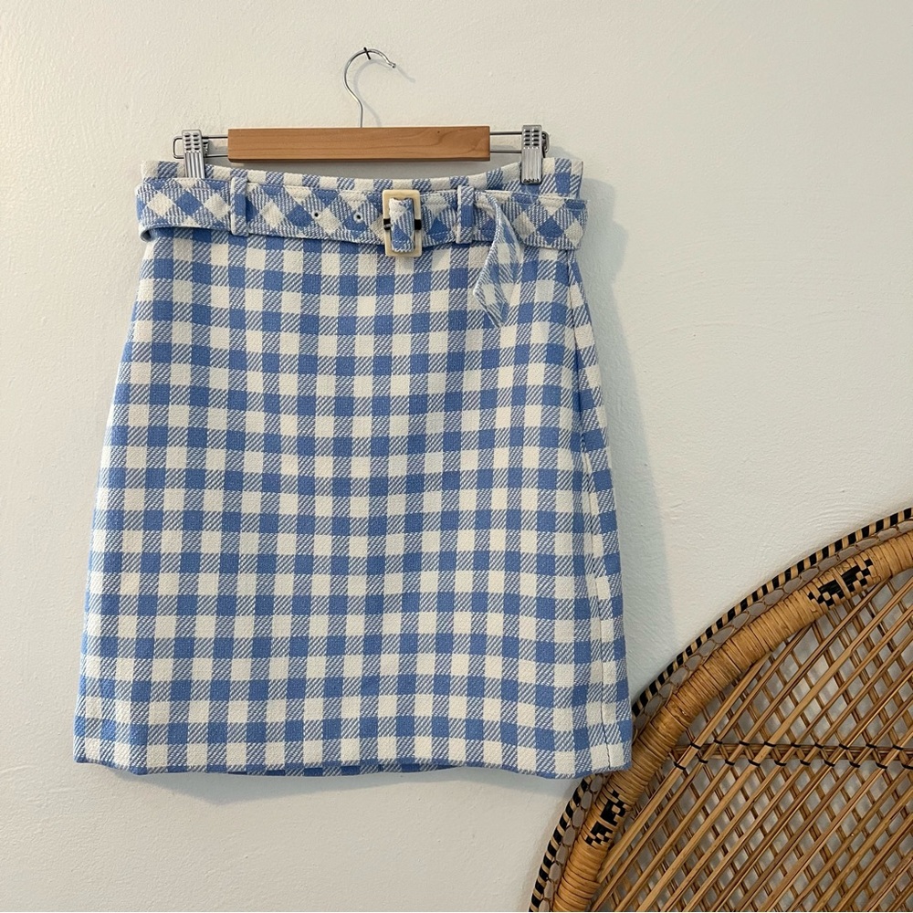 Ann Taylor blue and white Gingham Belted A-Line Skirt size 6